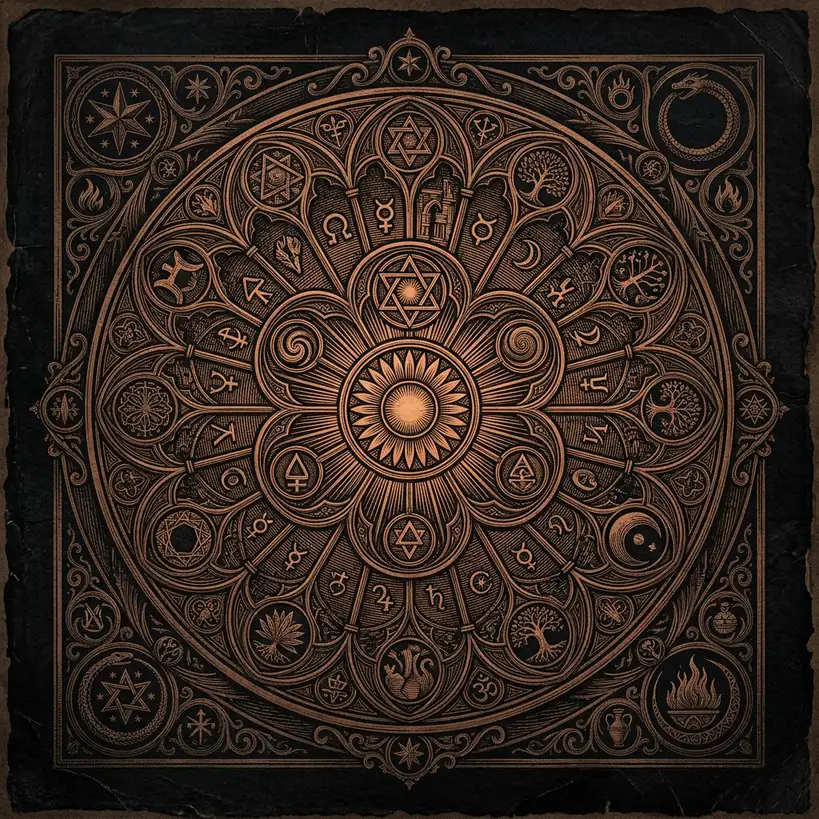 alchemical rose window symbolic diagram — Mystery Babylon episode 36 archival illustration
