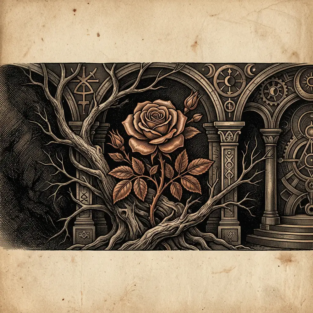 Rose Cross emblem part 1: botanical rose in copper engraving detail - Mystery Babylon episode 36 archival illustration
