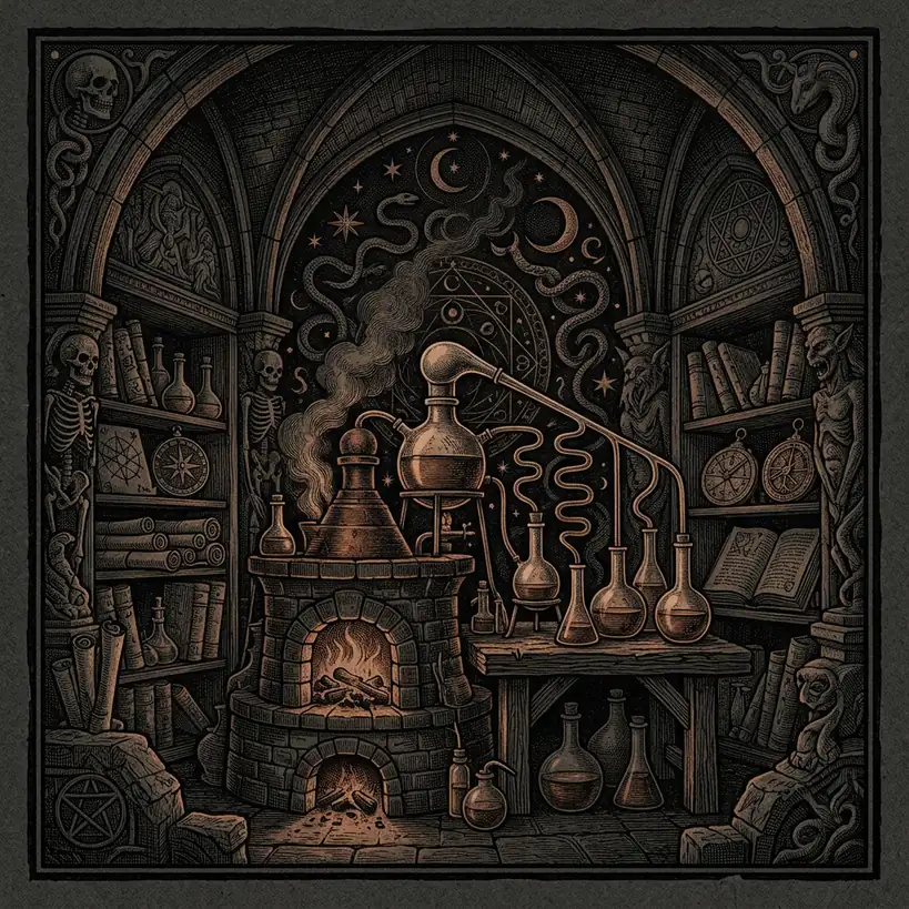 chemical laboratory alembic and furnace — Mystery Babylon episode 37 archival illustration