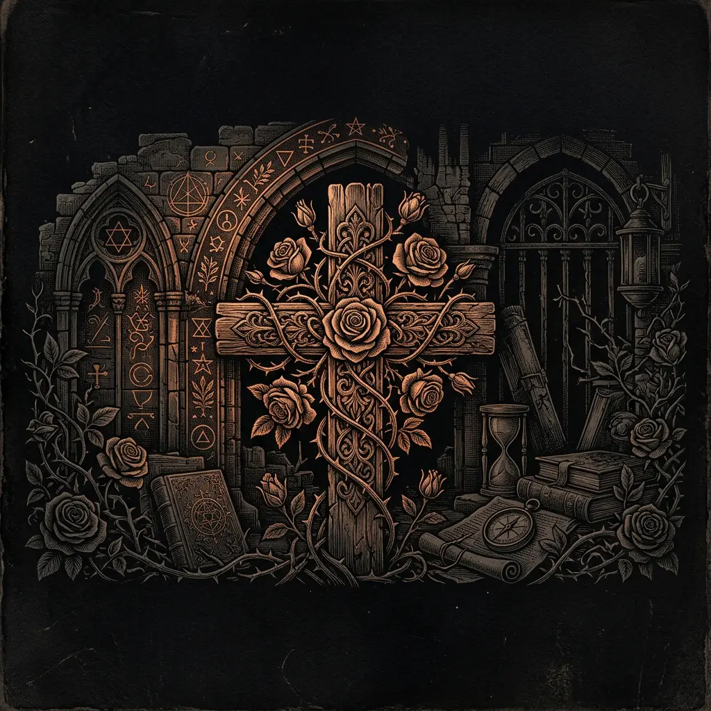 Rose Cross emblem part 2: cross with thorns and roses - Mystery Babylon episode 37 archival illustration