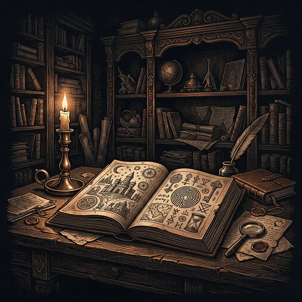 episode 38 archival research document on dark desk - Mystery Babylon episode 38 archival illustration