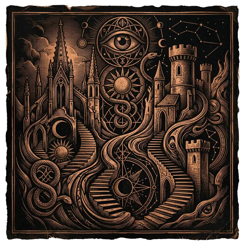ancient manuscript with occult symbols on dark parchment — Mystery Babylon episode 38 archival illustration