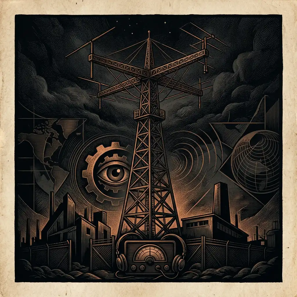 shortwave radio tower at night with WWCR broadcast antenna — Mystery Babylon episode 38 archival illustration