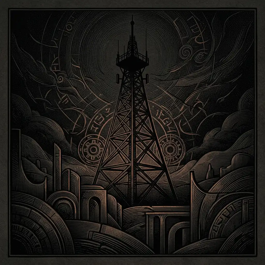 radio transmission tower silhouette against night sky — Mystery Babylon episode 39 archival illustration