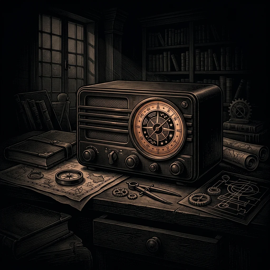 vintage shortwave radio receiver glowing dial - Mystery Babylon episode 39 archival illustration
