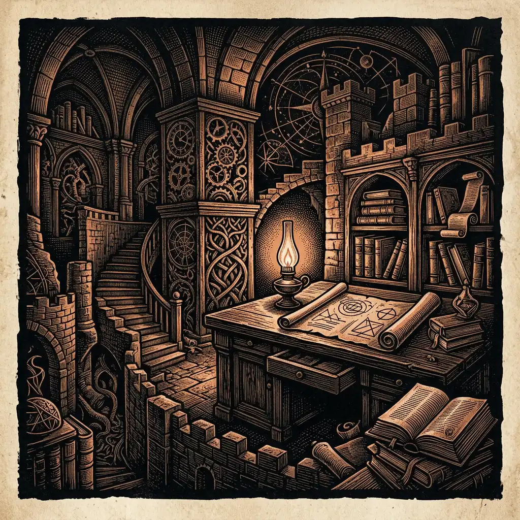 episode 40 archival research document on dark desk - Mystery Babylon episode 40 archival illustration