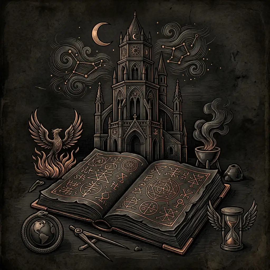 ancient manuscript with occult symbols on dark parchment — Mystery Babylon episode 40 archival illustration