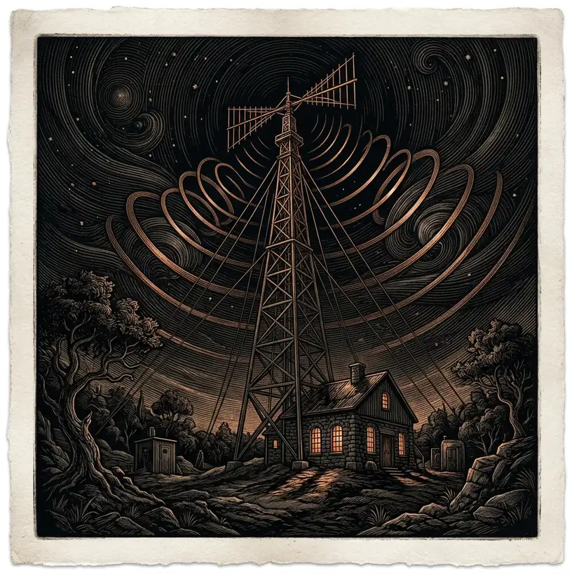 shortwave radio tower at night with WWCR broadcast antenna — Mystery Babylon episode 40 archival illustration
