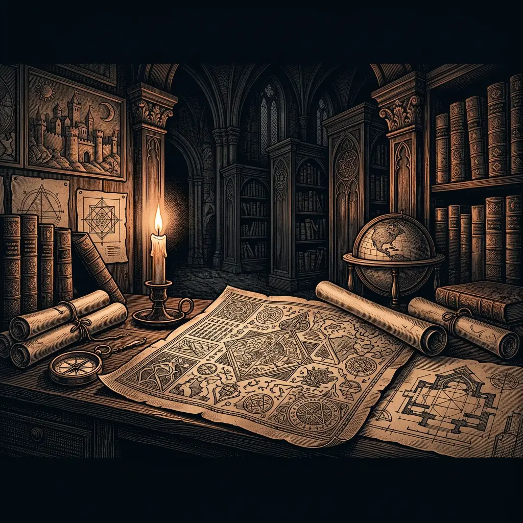 episode 41 archival research document on dark desk - Mystery Babylon episode 41 archival illustration