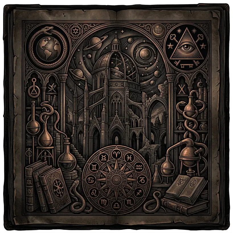 ancient manuscript with occult symbols on dark parchment — Mystery Babylon episode 41 archival illustration