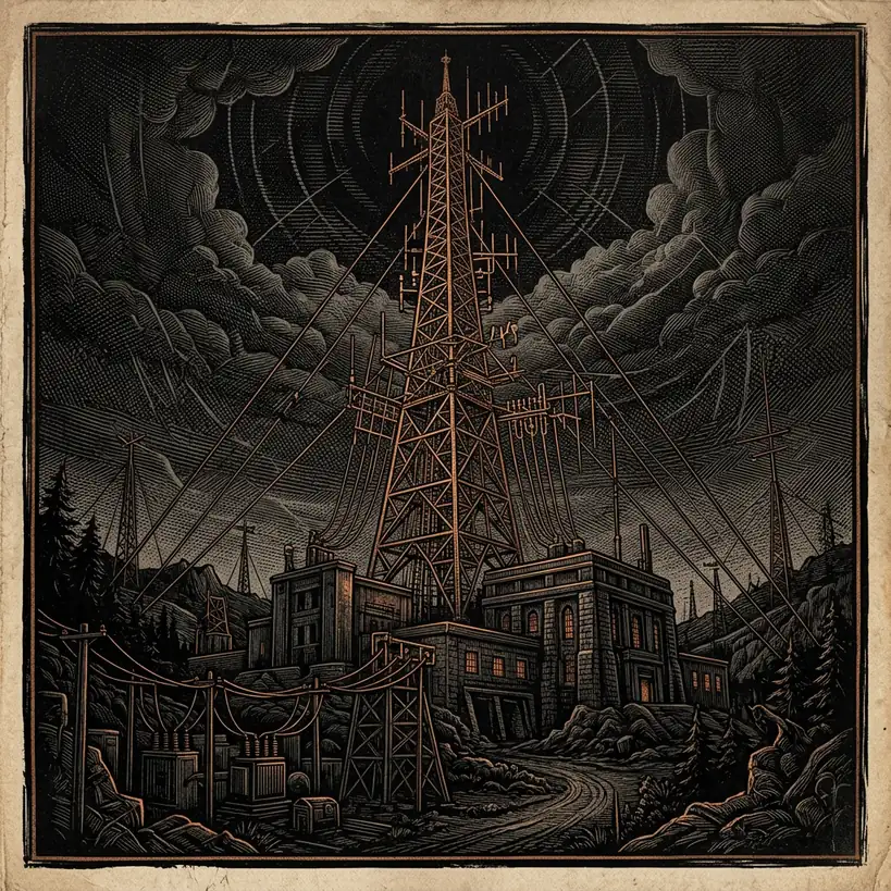 shortwave radio tower at night with WWCR broadcast antenna — Mystery Babylon episode 41 archival illustration
