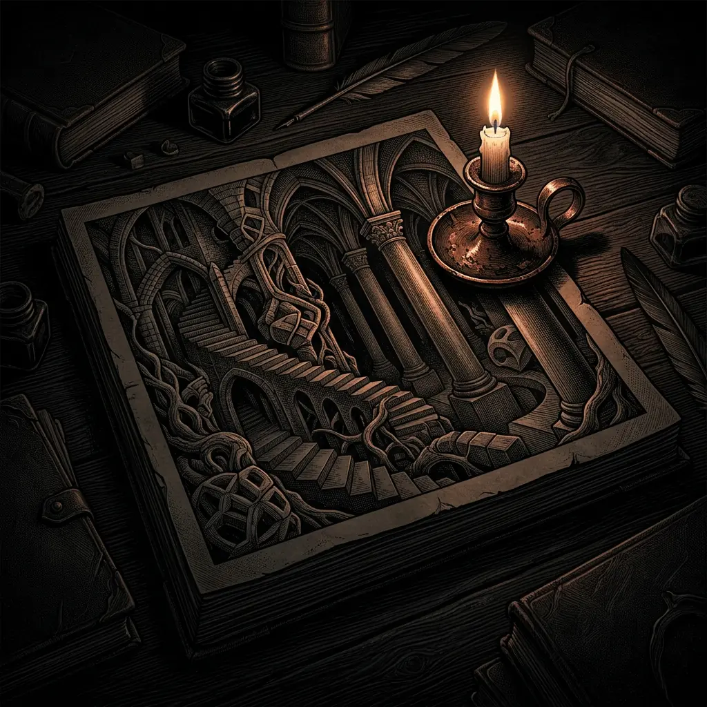 episode 42 archival research document on dark desk - Mystery Babylon episode 42 archival illustration