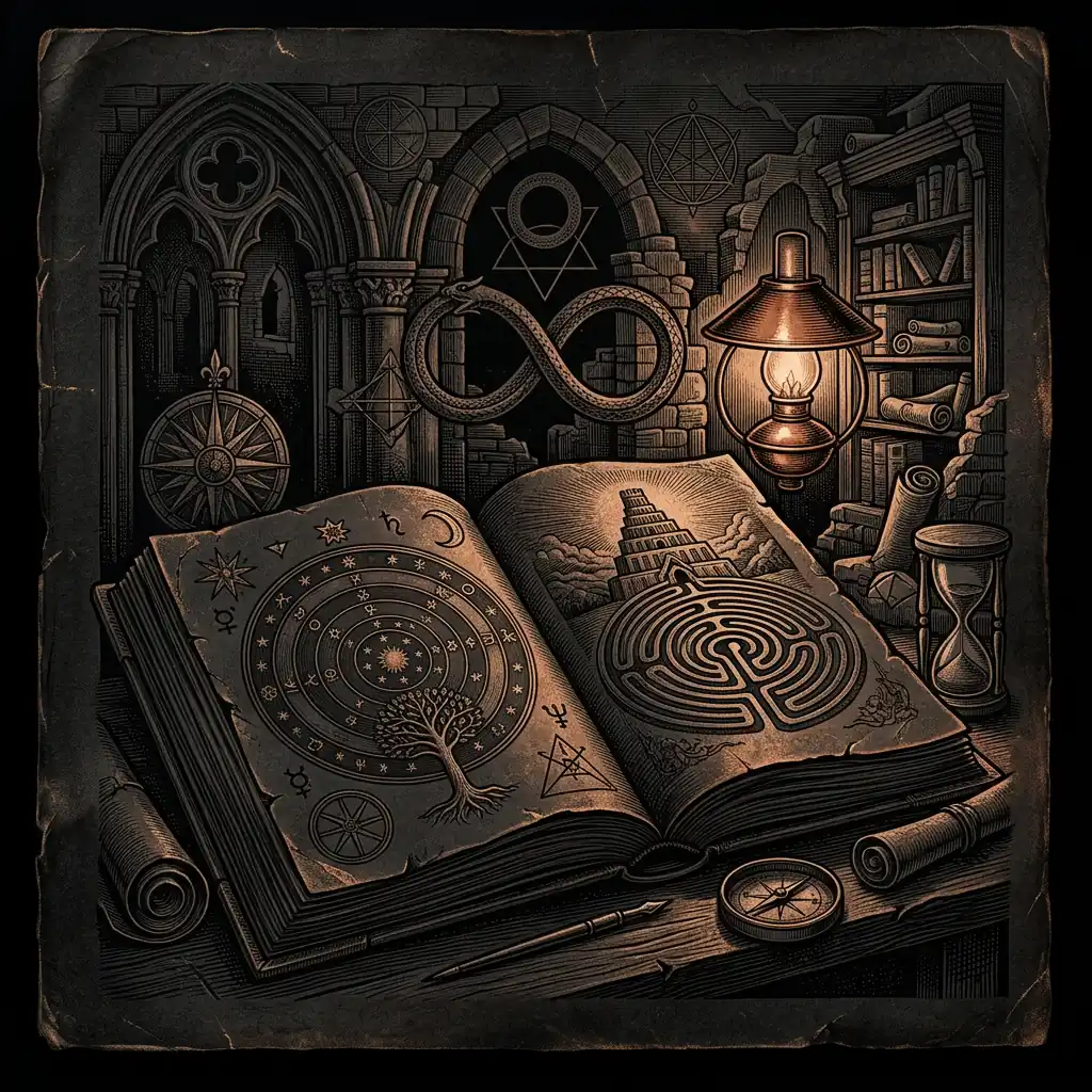 ancient manuscript with occult symbols on dark parchment — Mystery Babylon episode 42 archival illustration