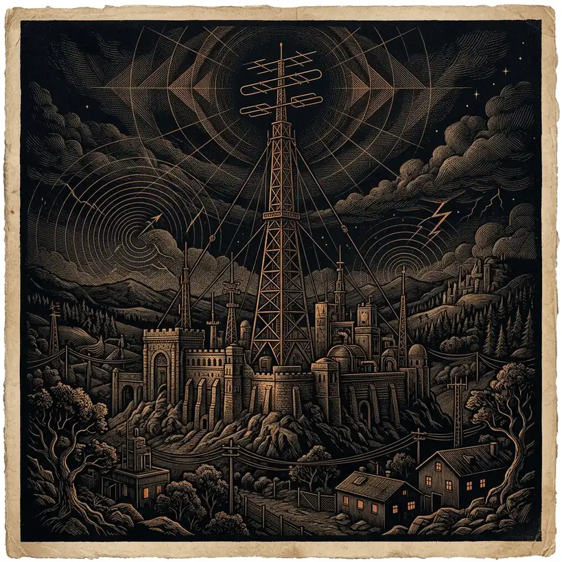 shortwave radio tower at night with WWCR broadcast antenna — Mystery Babylon episode 42 archival illustration