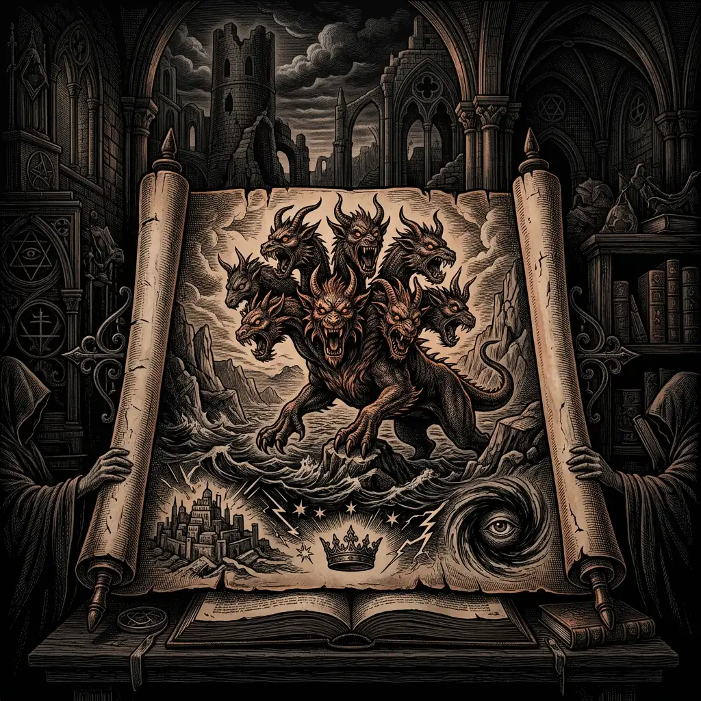 mystery babylon revelation dark archival illustration