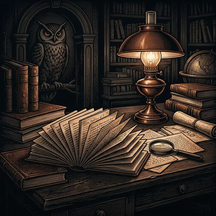 reference index cards fanned on research desk — Rosicrucians and the Rose Cross in the M archival illustration