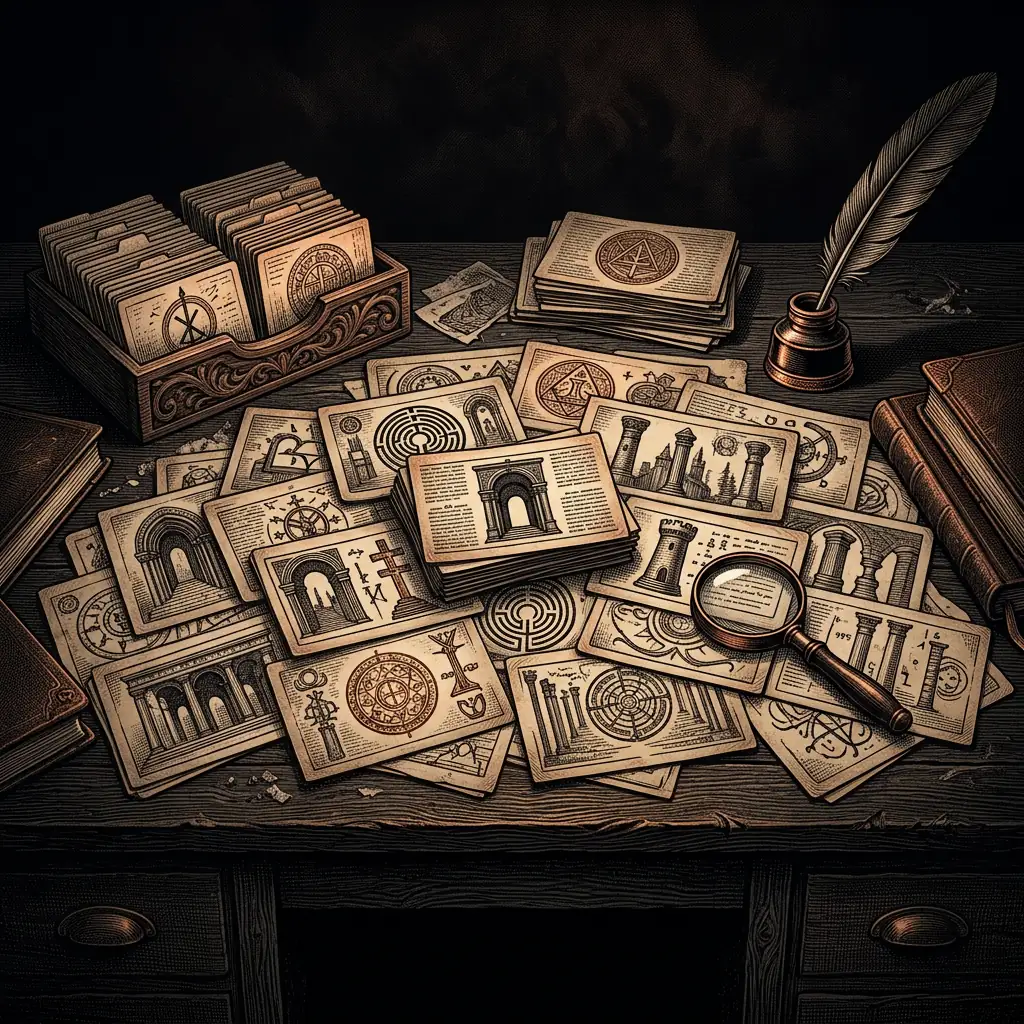 bibliographic index cards spread across a dark oak desk - Sources and Bibliography archival illustration