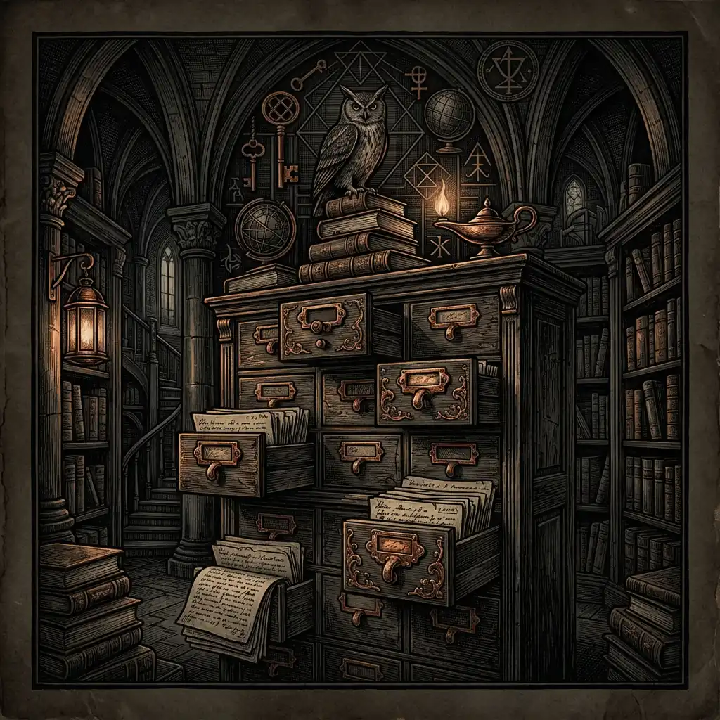 sources bibliographic dark archival illustration