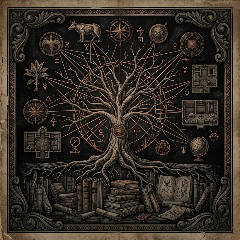 taxonomy diagram with connecting lines — Knights Templar and the Assassins in the archival illustration